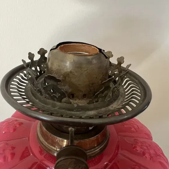 Antique Victorian Pink Cranberry Milk Glass Oil Lantern Electric Parlor Lamp - Picture 6 of 14